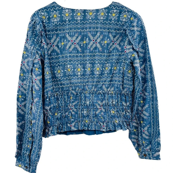 Anthropologie Forever That Girl Blue Floral Smocked Blouse Ruffled Size Small - Picture 9 of 11